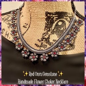 Exquisite Red Onyx Gemstone Handmade Floral Choker Necklace
